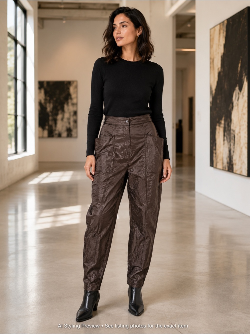 Sarah Pacini Size 0 Fits US 4 Brown Crinkle Wrap Pocket Tapered Pants Trousers